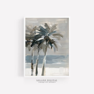 Printable wall art featuring abstract brushstrokes of palm trees with an ocean backdrop, available for digital download on Etsy. Ideal for adding a serene coastal vibe to any room, perfect for beach lovers and modern art enthusiasts.