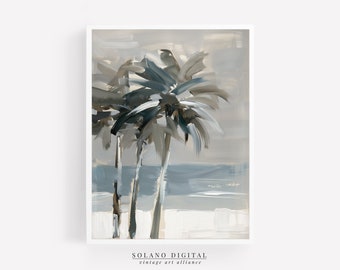 Palm Tree Beach Oil Painting: Neutral Coastal Art (Digital Download)