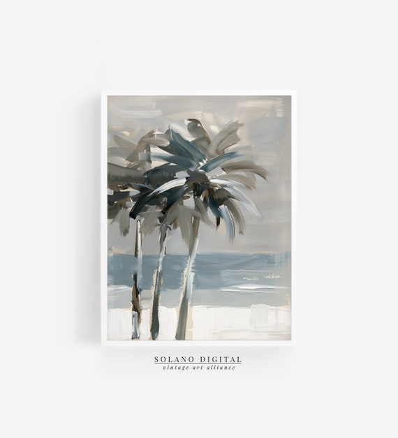 Palm Tree Beach Oil Painting: Neutral Coastal Art (Digital Download)