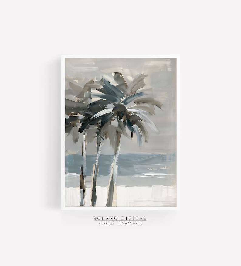 Printable wall art featuring abstract brushstrokes of palm trees with an ocean backdrop, available for digital download on Etsy. Ideal for adding a serene coastal vibe to any room, perfect for beach lovers and modern art enthusiasts.