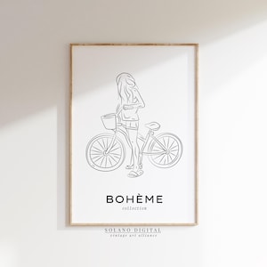 Boho Bicycle Girl Line Art, Minimalist Printable Art, Summer Lifestyle Poster, Bohemian Woman Wall Decor, Digital Download Illustration