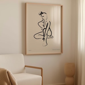 Neutral Scandinavian-style figure line art poster; high-resolution digital download available on Etsy; suits entryway or hallway.