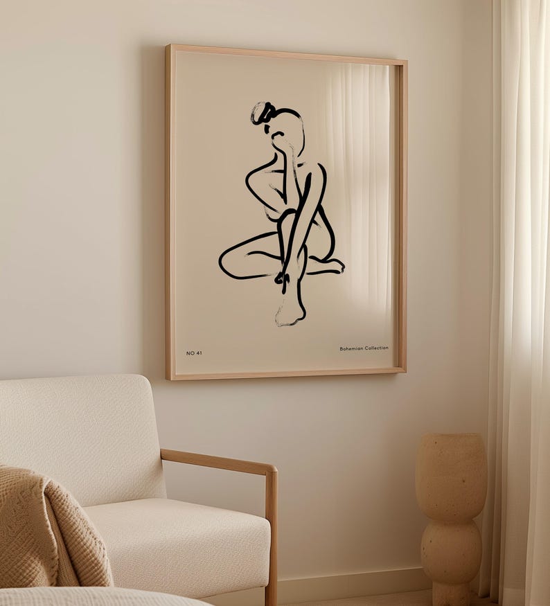Neutral Scandinavian-style figure line art poster; high-resolution digital download available on Etsy; suits entryway or hallway.