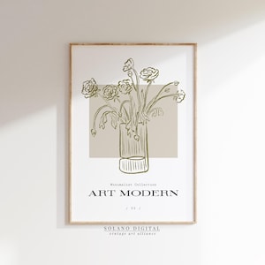 Modern Floral Line Drawing – Minimalist Botanical Printable Art – Beige Vase Wall Decor – Contemporary Digital Download Poster