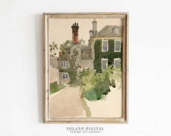 English Cottage Watercolor Painting: Vintage Farmhouse Art (Digital Download)