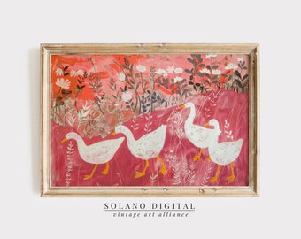 May include: A framed painting of four white geese walking in a field of pink flowers. The background is a vibrant red and orange sunset. The painting is signed "SOLANO DIGITAL vintage art alliance".
