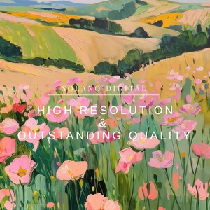 Vibrant floral landscape wall art printable featuring blooming pink flowers against rolling green hills. Perfect for adding a touch of nature and color to any space. Available on Etsy for easy download and print.