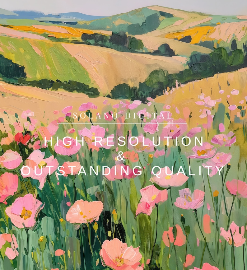 Vibrant floral landscape wall art printable featuring blooming pink flowers against rolling green hills. Perfect for adding a touch of nature and color to any space. Available on Etsy for easy download and print.