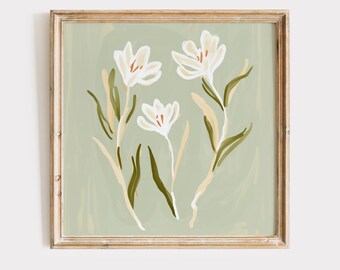 White Southern Floral Art Print: Modern Green Botanical Decor (Digital Download)