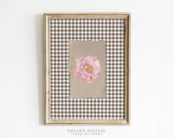 Vintage Peony Flower Print: Rustic Gingham Art (Digital Download)