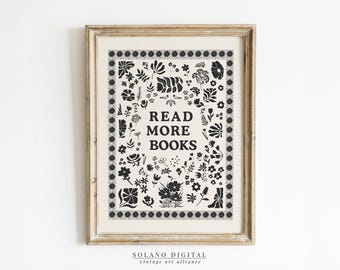Read More Books Print, Antique Library Decor, Bookish Printable Wall Art, Reading Nook Poster, Book Lover Digital Download, Cottagecore