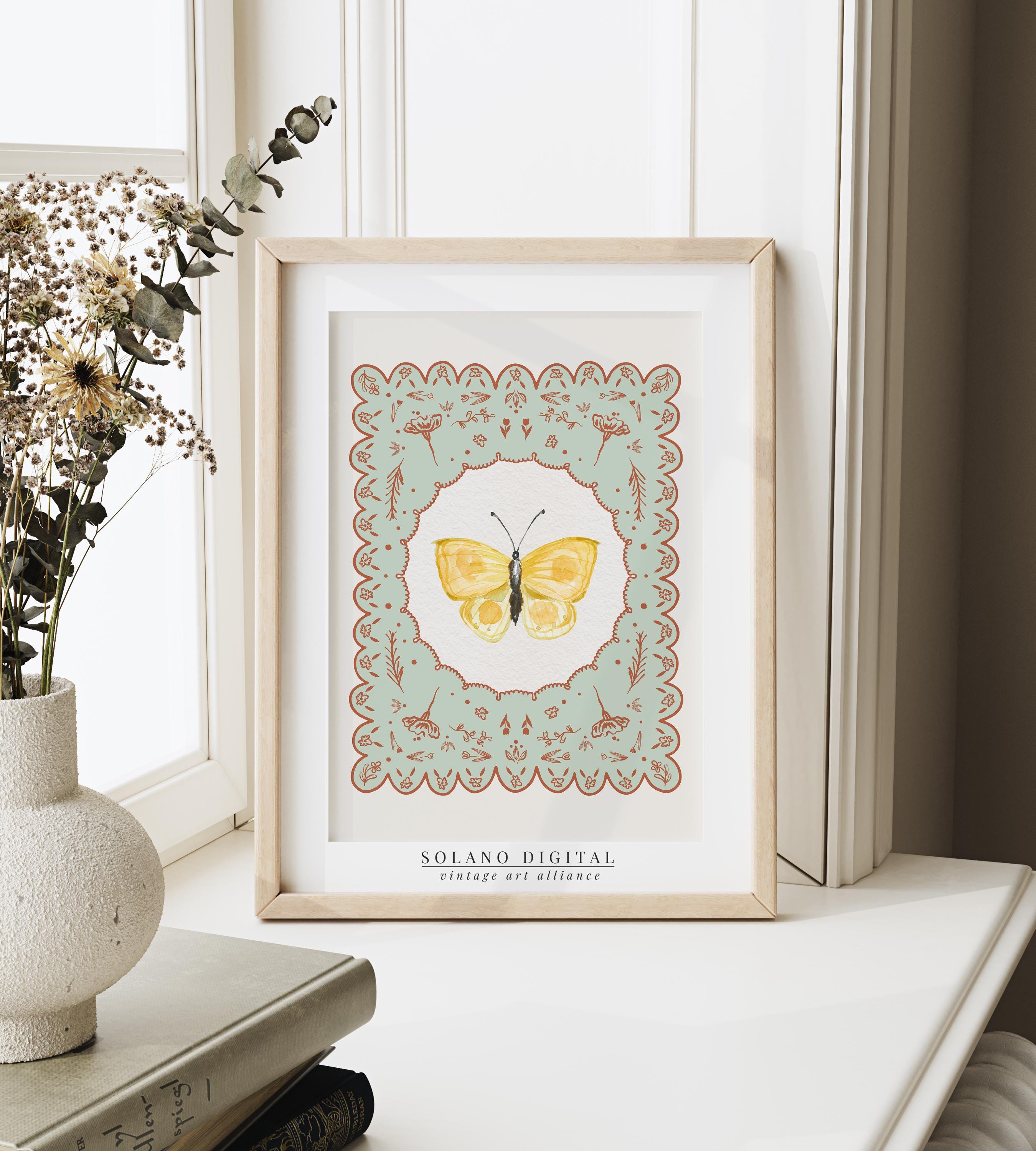 Butterfly Wall Art Print: Yellow Watercolor, Vintage Folk Frame ...