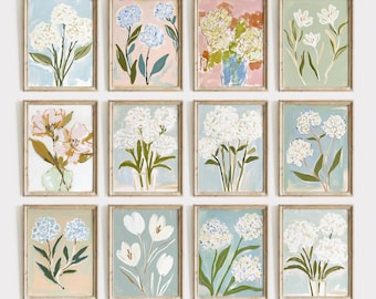 Set of 12 Floral Prints, Modern Southern Floral Decor, Hydrangea Floral Art Print, Southern Botanical Decor, Gallery Wall Set