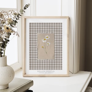 Hand-painted daisy printable art on rustic background with brown gingham pattern. High-resolution digital download available on Etsy.