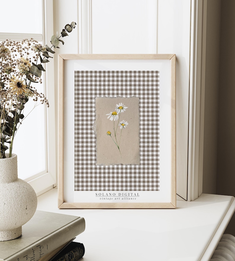 Hand-painted daisy printable art on rustic background with brown gingham pattern. High-resolution digital download available on Etsy.