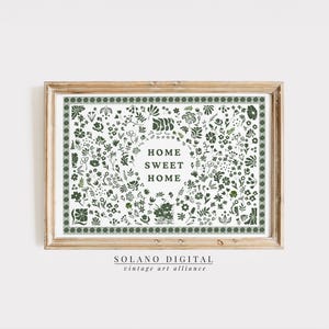 Home Sweet Home Print Digital Download Wall Art  Trendy Decor for Minimalist Living Room & Cottage Kitchen Horizontal Print, Green Floral