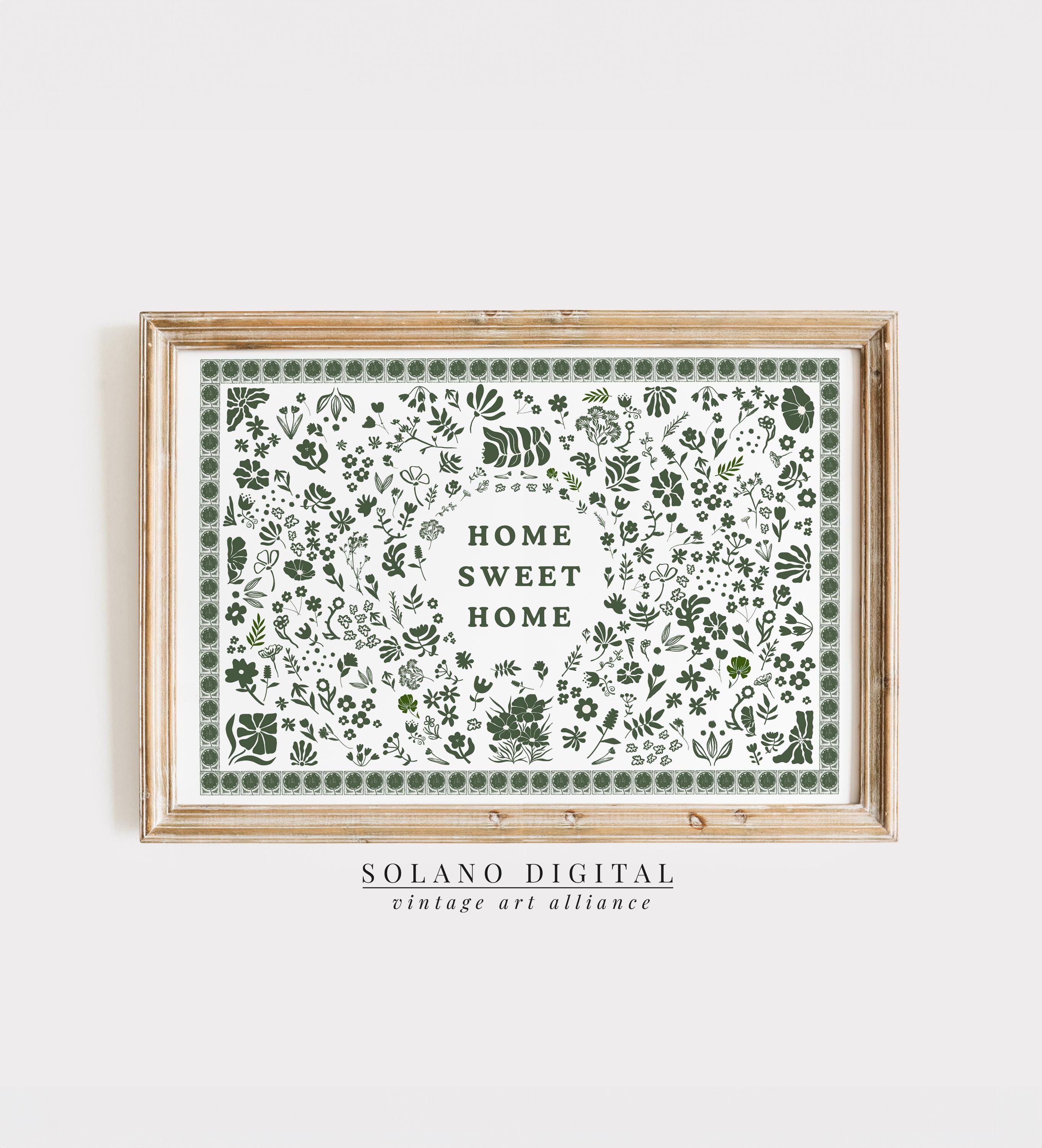 Home Sweet Home Print Digital Download Wall Art  Trendy Decor for Minimalist Living Room & Cottage Kitchen Horizontal Print, Green Floral