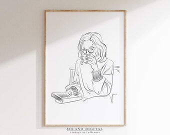 Minimalist Woman Reading Line Art Print: Coffee Nook Decor (Digital Download)