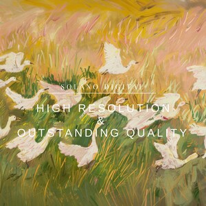Charming painting of white geese in a vibrant meadow, perfect for nursery or cottagecore decor. Available as a printable digital download on Etsy, this abstract vintage artwork adds a whimsical touch to any farmhouse or vintage-themed space.