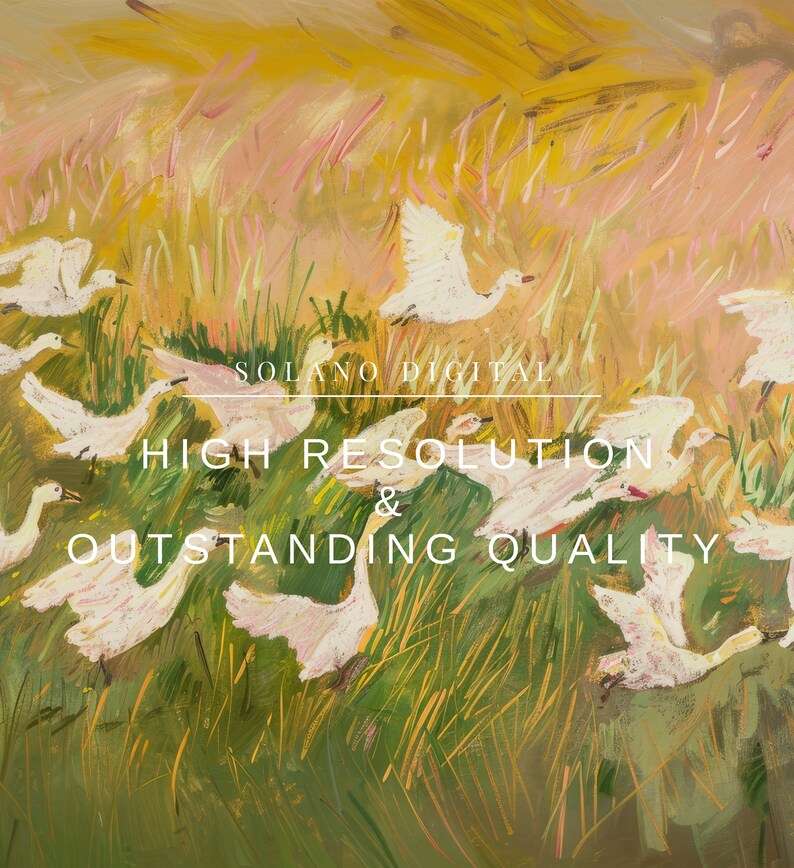 Charming painting of white geese in a vibrant meadow, perfect for nursery or cottagecore decor. Available as a printable digital download on Etsy, this abstract vintage artwork adds a whimsical touch to any farmhouse or vintage-themed space.