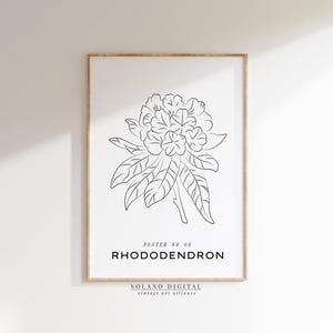 Rhododendron Line Art Print, Minimalist Floral Poster, Black and White Botanical Wall Art, Vintage Flower Printable Art, Digital Download