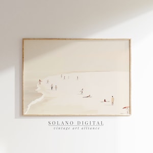 May include: A watercolour painting of a beach scene with people walking and swimming in the ocean. The painting is in a light beige colour scheme with a light blue sky and ocean. The painting is framed in a light wood frame.