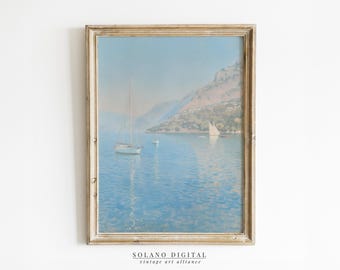 Vintage Mediterranean Coastal Painting: Sailboats Seascape Art (Digital Download)