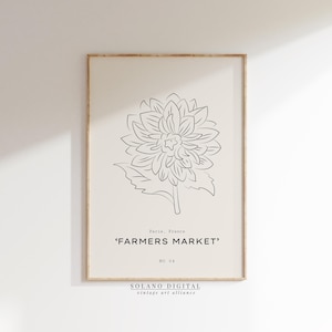 Farmers Market Flower Line Art Print, Paris Botanical Poster, Minimalist Floral Wall Art, Black Beige Printable Art, Digital Download