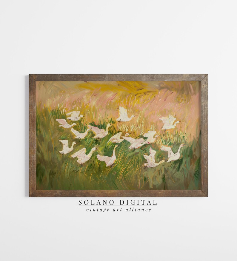 Charming painting of white geese in a vibrant meadow, perfect for nursery or cottagecore decor. Available as a printable digital download on Etsy, this abstract vintage artwork adds a whimsical touch to any farmhouse or vintage-themed space.