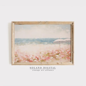 Abstract Coastal Painting PRINTABLE Wall Art Vintage Beach Print DOWNLOADABLE Girly Apartment Decor Seascape Print Pink Umbrella Painting246