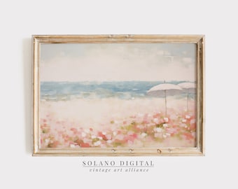Vintage Beach Print: Abstract Coastal Seascape with Pink Flowers (Downloadable)