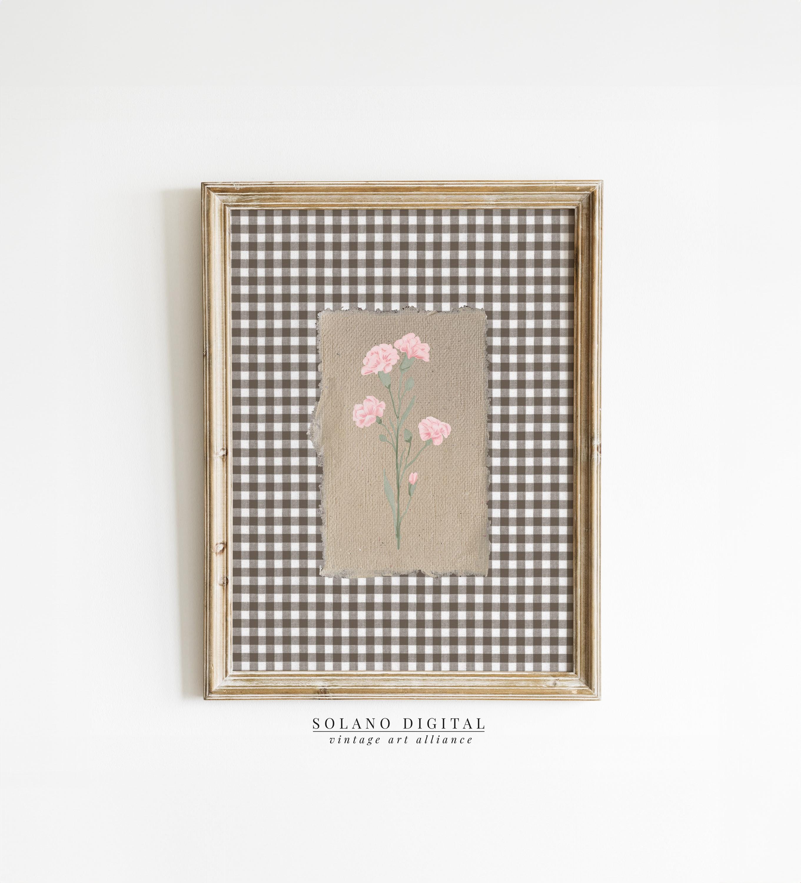 Brown Gingham Pink Flower Print Digital Downloadable Wall Art Trendy Decor Vintage Floral Painting Printable Nursery Art Carnation Flowers