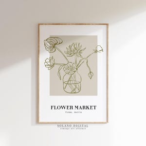 Vintage Flower Market Line Art Print, Botanical Vase Drawing, Neutral Printable Wall Art, Minimalist Poster, Instant Download Decor