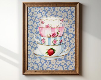 Stacked Floral Teacups Printable Wall Art, Coquette Tea Party Kitchen Decor, Cottagecore Rose Teacup Print, Digital Download