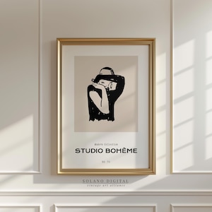 Modern Boho Woman Printable Art, Minimalist Studio Portrait Wall Decor, Black Line Drawing, Digital Download, Neutral Gallery Poster