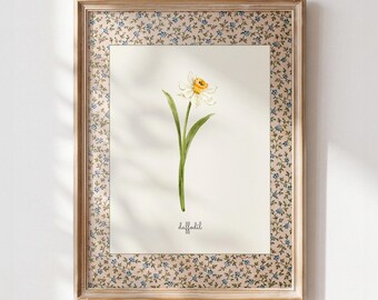 March Birth Flower Print, Daffodil Printable Wall Art, Vintage Botanical Nursery Decor, Cottagecore Digital Download