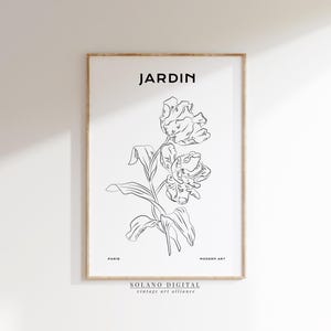 Vintage Botanical Flower Printable Art – Jardin Modern Line Drawing, Minimalist Wall Decor, Black and White Digital Download Poster