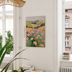 Vibrant floral landscape wall art printable featuring blooming pink flowers against rolling green hills. Perfect for adding a touch of nature and color to any space. Available on Etsy for easy download and print.