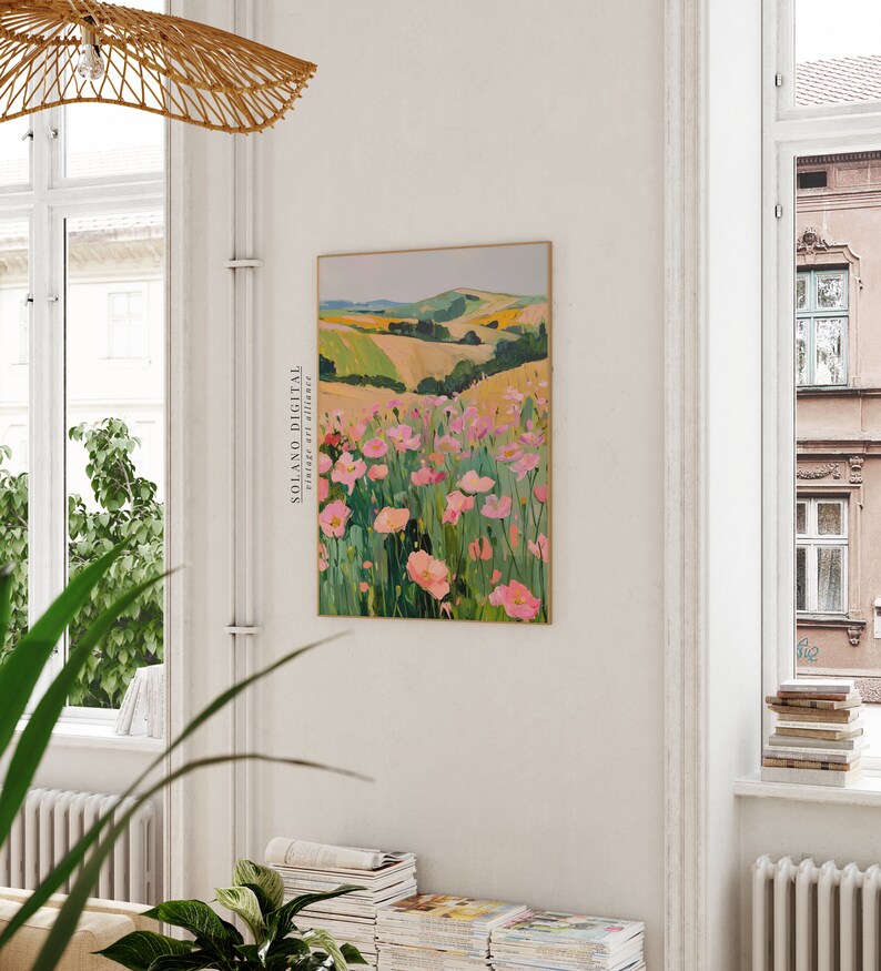 Vibrant floral landscape wall art printable featuring blooming pink flowers against rolling green hills. Perfect for adding a touch of nature and color to any space. Available on Etsy for easy download and print.