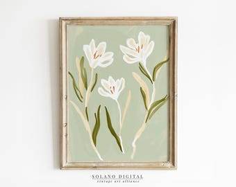 White Floral Art Print: Modern Green Botanical Decor (Digital Download)