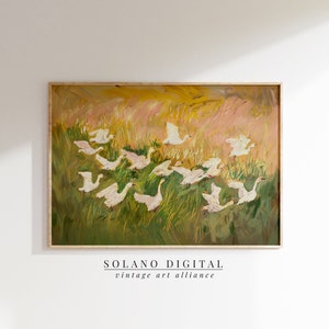 Charming painting of white geese in a vibrant meadow, perfect for nursery or cottagecore decor. Available as a printable digital download on Etsy, this abstract vintage artwork adds a whimsical touch to any farmhouse or vintage-themed space.