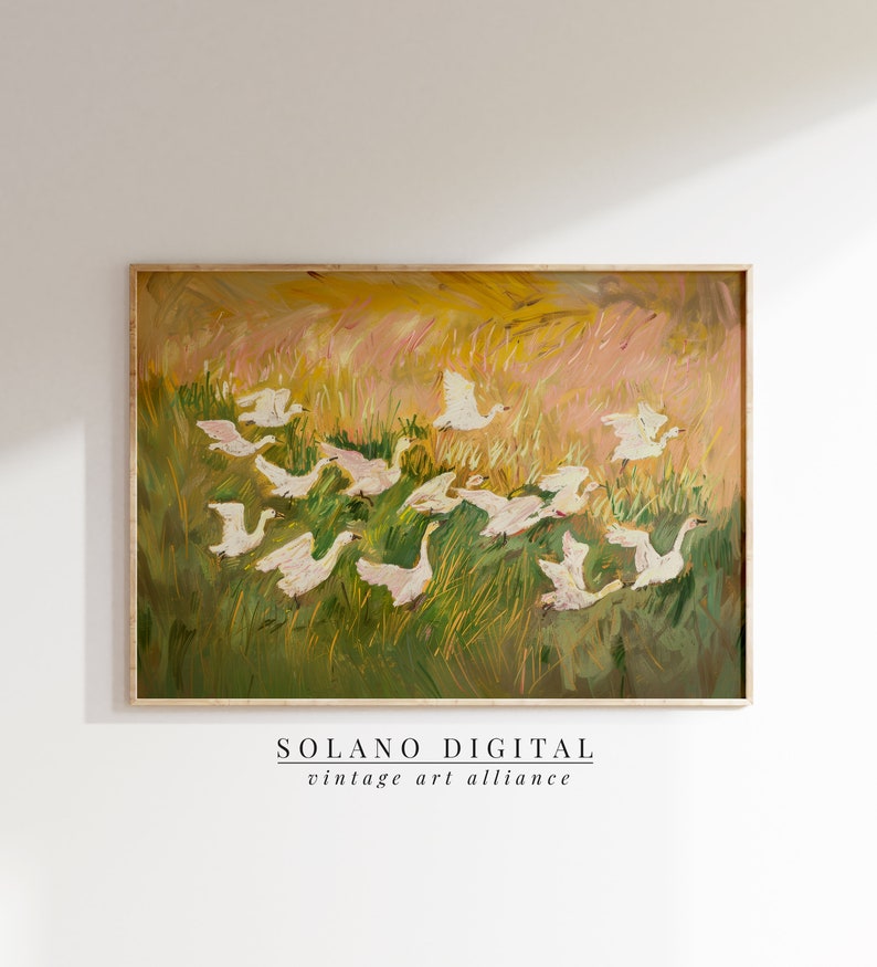 Charming painting of white geese in a vibrant meadow, perfect for nursery or cottagecore decor. Available as a printable digital download on Etsy, this abstract vintage artwork adds a whimsical touch to any farmhouse or vintage-themed space.