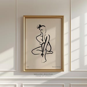 Minimalist seated female figure line drawing on beige, modern contour style; digital download available on Etsy; ideal for living room gallery wall.