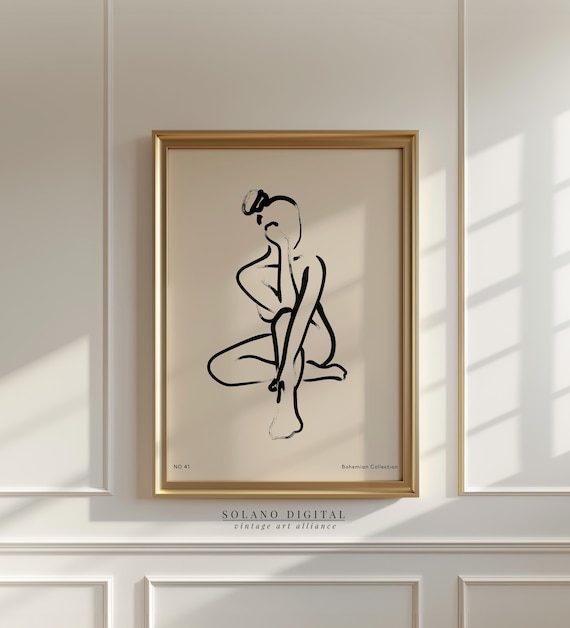 Minimalist Female Figure Art Print: Beige Boho Line Drawing (Digital Download)