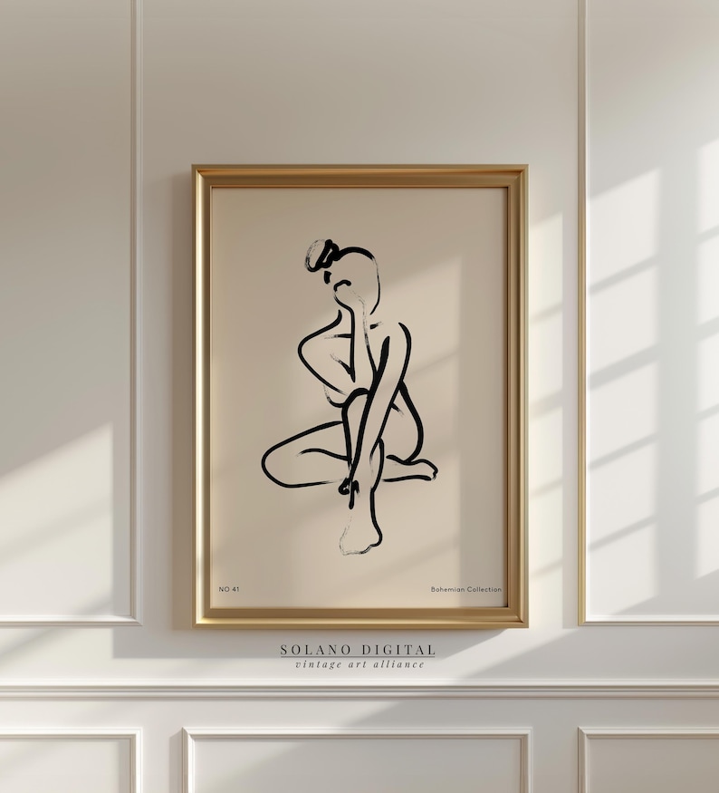 Minimalist seated female figure line drawing on beige, modern contour style; digital download available on Etsy; ideal for living room gallery wall.