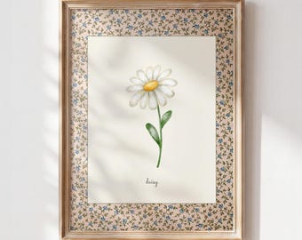 April Birth Flower Print, Daisy Printable Wall Art, Vintage Botanical Nursery Decor, Cottagecore Digital Download