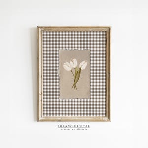 White Tulips Vintage Floral Painting: Brown Gingham Print (Digital Download)