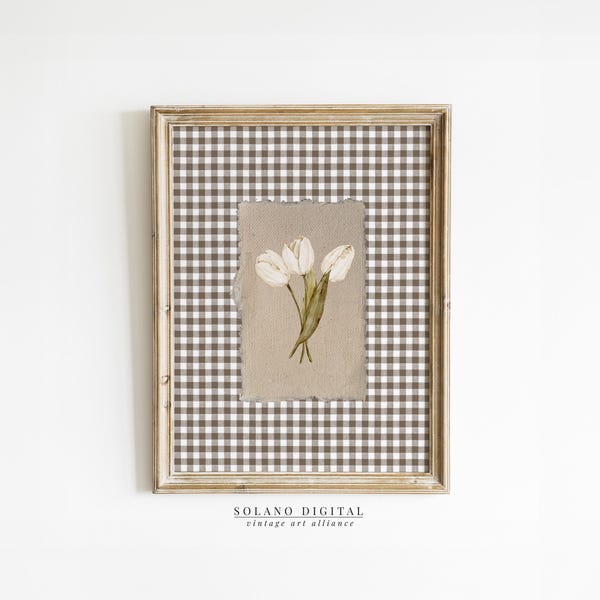 White Tulips Vintage Floral Painting: Brown Gingham Print (Digital Download)