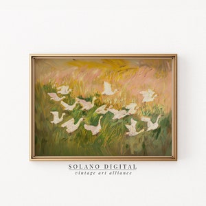 Charming painting of white geese in a vibrant meadow, perfect for nursery or cottagecore decor. Available as a printable digital download on Etsy, this abstract vintage artwork adds a whimsical touch to any farmhouse or vintage-themed space.