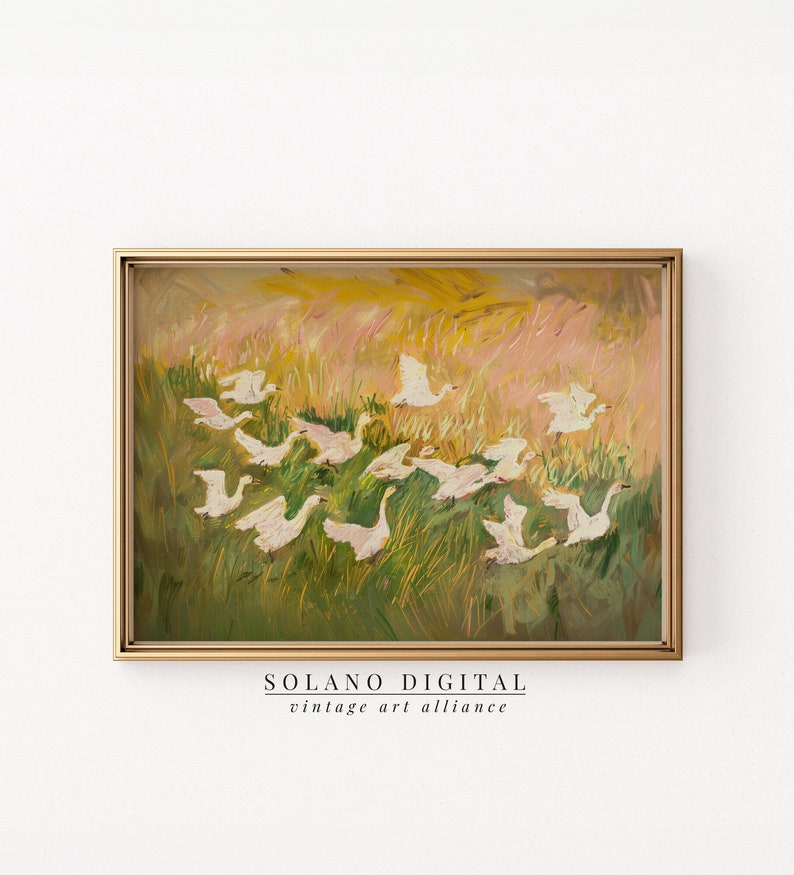 Charming painting of white geese in a vibrant meadow, perfect for nursery or cottagecore decor. Available as a printable digital download on Etsy, this abstract vintage artwork adds a whimsical touch to any farmhouse or vintage-themed space.